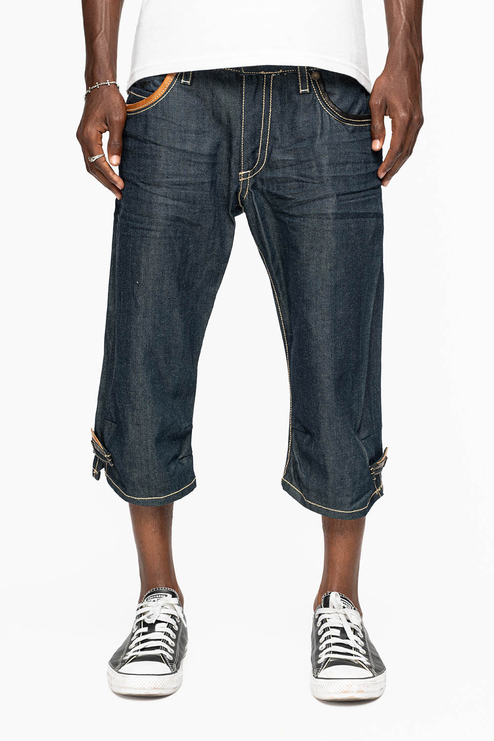 ROBIN’S RYDER SHORT IN BLUE RAW DENIM WITH LEATHER FLAPS AND CRYSTALS