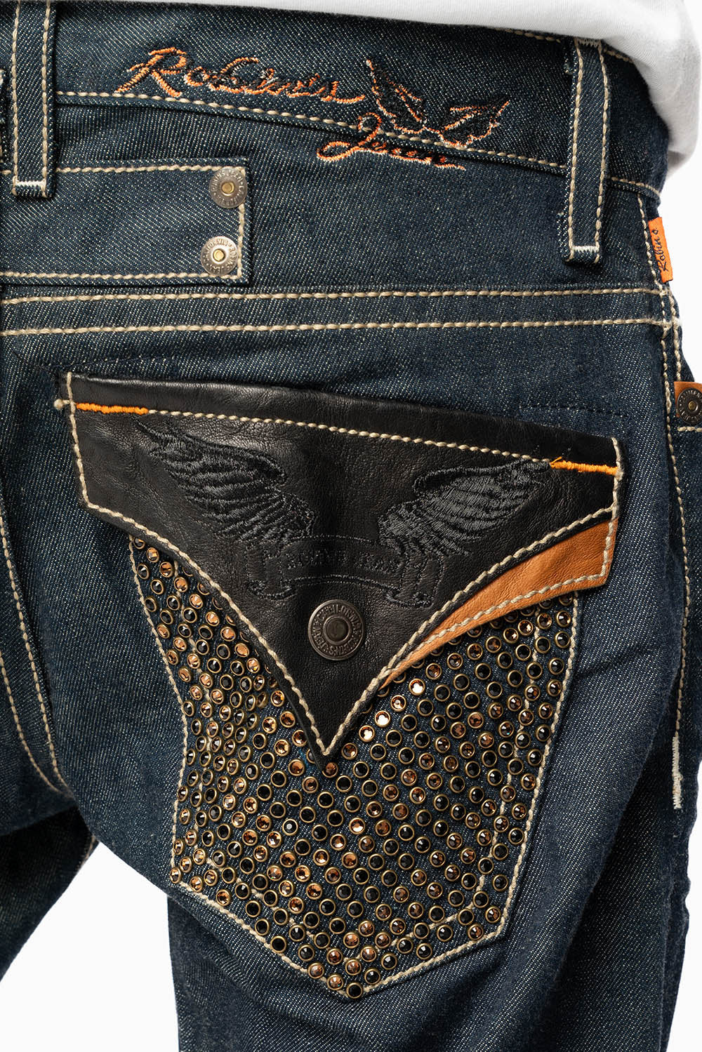 ROBIN’S RYDER SHORT IN BLUE RAW DENIM WITH LEATHER FLAPS AND CRYSTALS