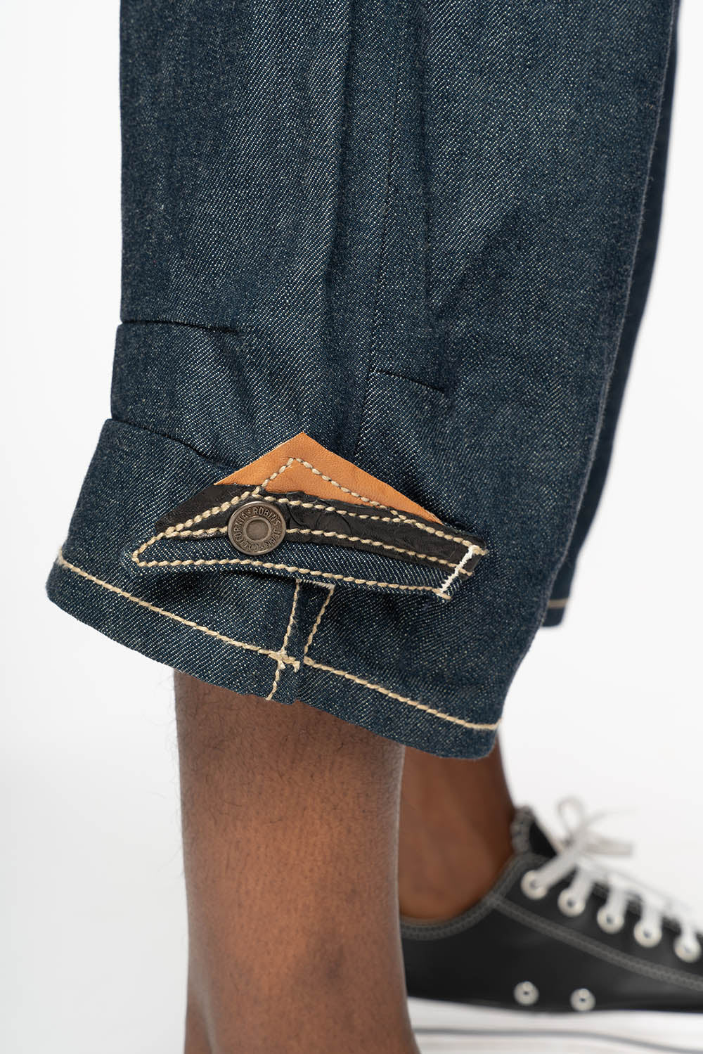 ROBIN’S RYDER SHORT IN BLUE RAW DENIM WITH LEATHER FLAPS AND CRYSTALS