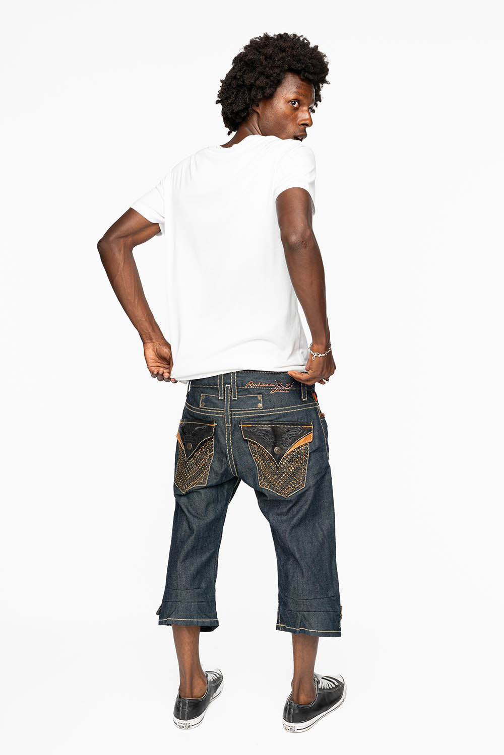 ROBIN’S RYDER SHORT IN BLUE RAW DENIM WITH LEATHER FLAPS AND CRYSTALS