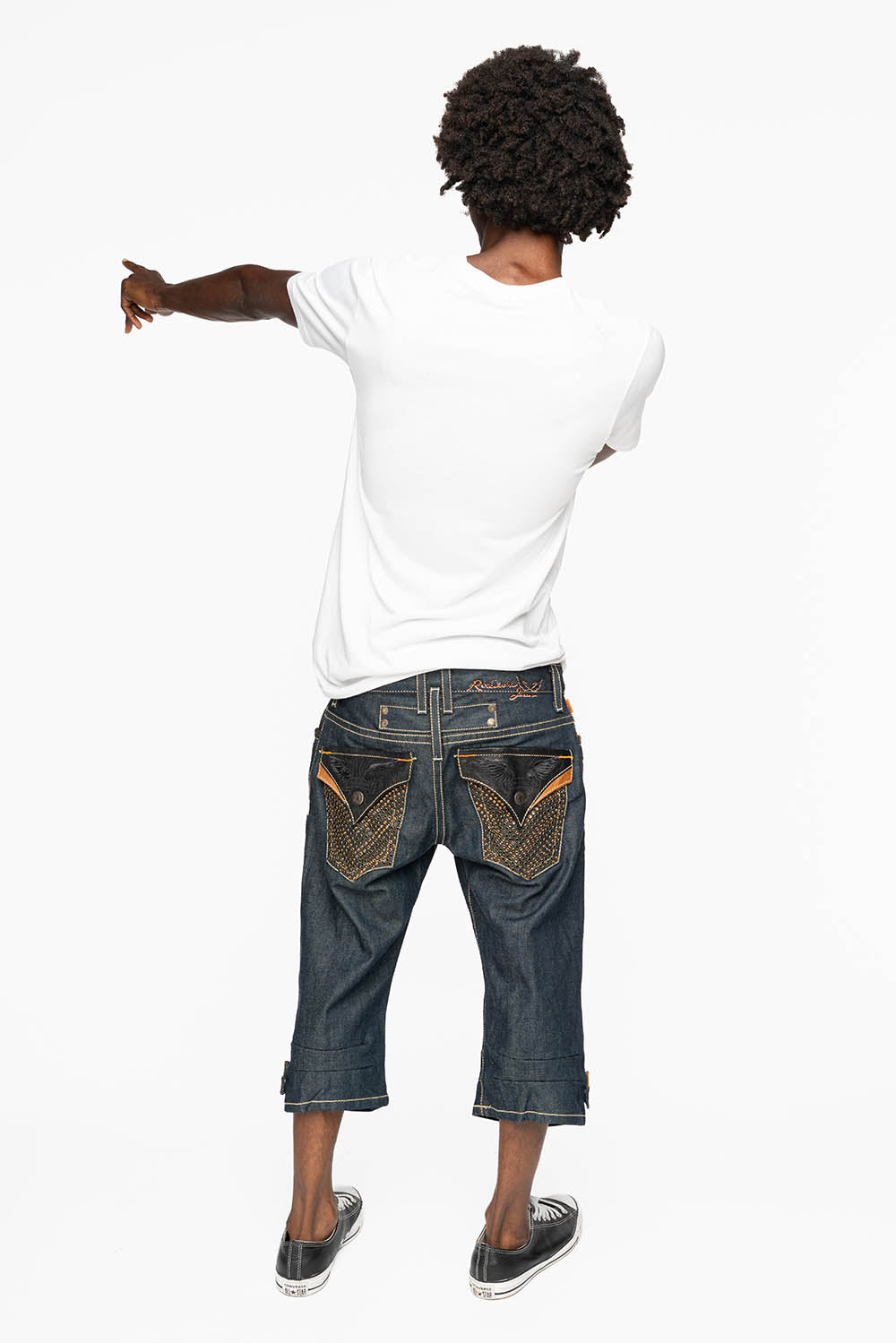 ROBIN’S RYDER SHORT IN BLUE RAW DENIM WITH LEATHER FLAPS AND CRYSTALS
