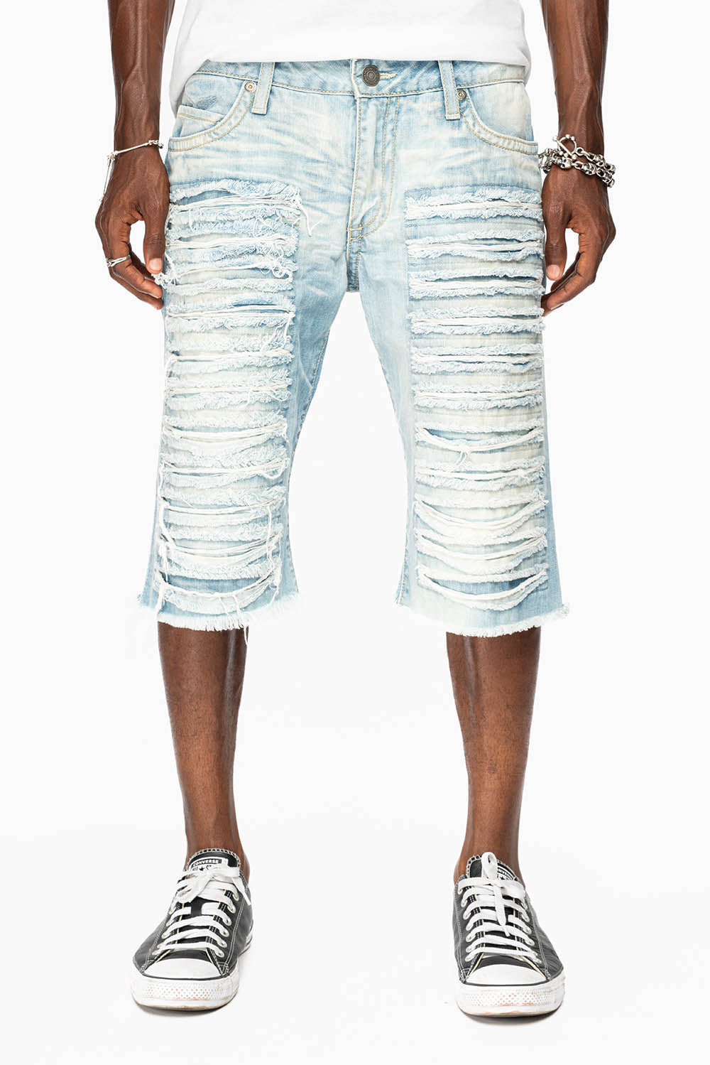 MENS LIMITED EDITION DESTROYED SHORTS WITH FLAP POCKET IN 5D LIGHT WASH WITH CRYSTALS