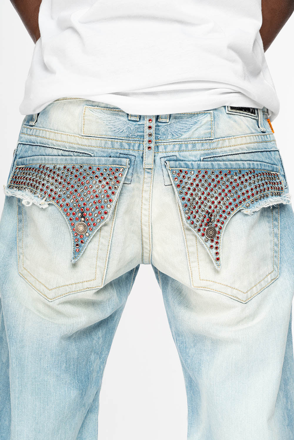 MENS LIMITED EDITION DESTROYED SHORTS WITH FLAP POCKET IN 5D LIGHT WASH WITH CRYSTALS