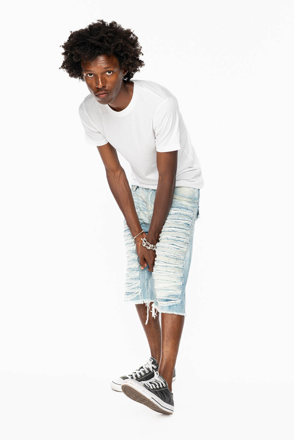 MENS LIMITED EDITION DESTROYED SHORTS WITH FLAP POCKET IN 5D LIGHT WASH WITH CRYSTALS
