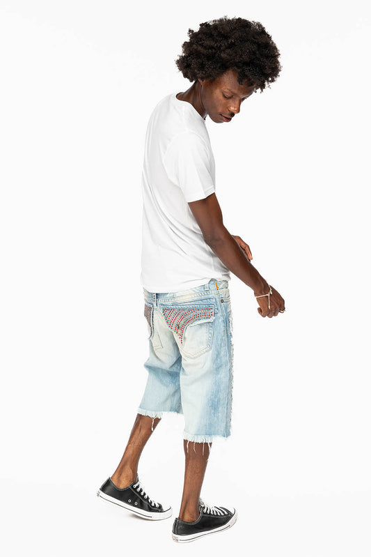 MENS LIMITED EDITION DESTROYED SHORTS WITH FLAP POCKET IN 5D LIGHT WASH WITH CRYSTALS
