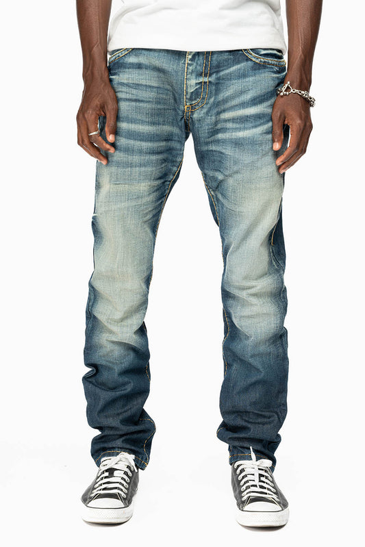 MENS LONG FLAP SLIM JEANS IN BLUE ALBANY DARK WASH WITH CLEAR CRYSTALS