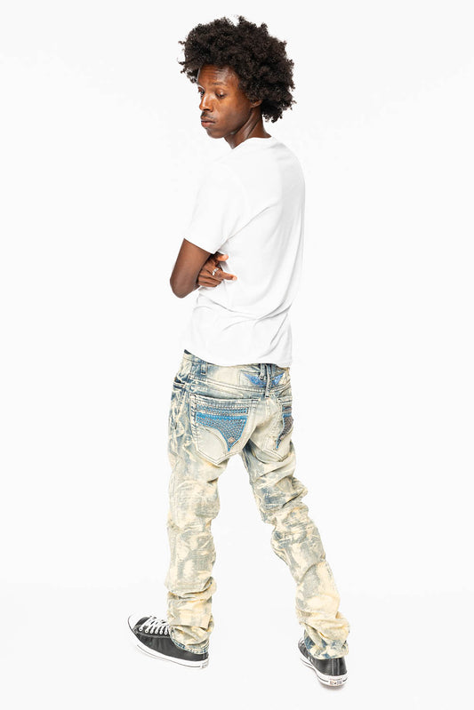 MENS FLAP POCKET SLIM JEANS IN NEW JAPAN LIGHT WASH WITH CRYSTALS