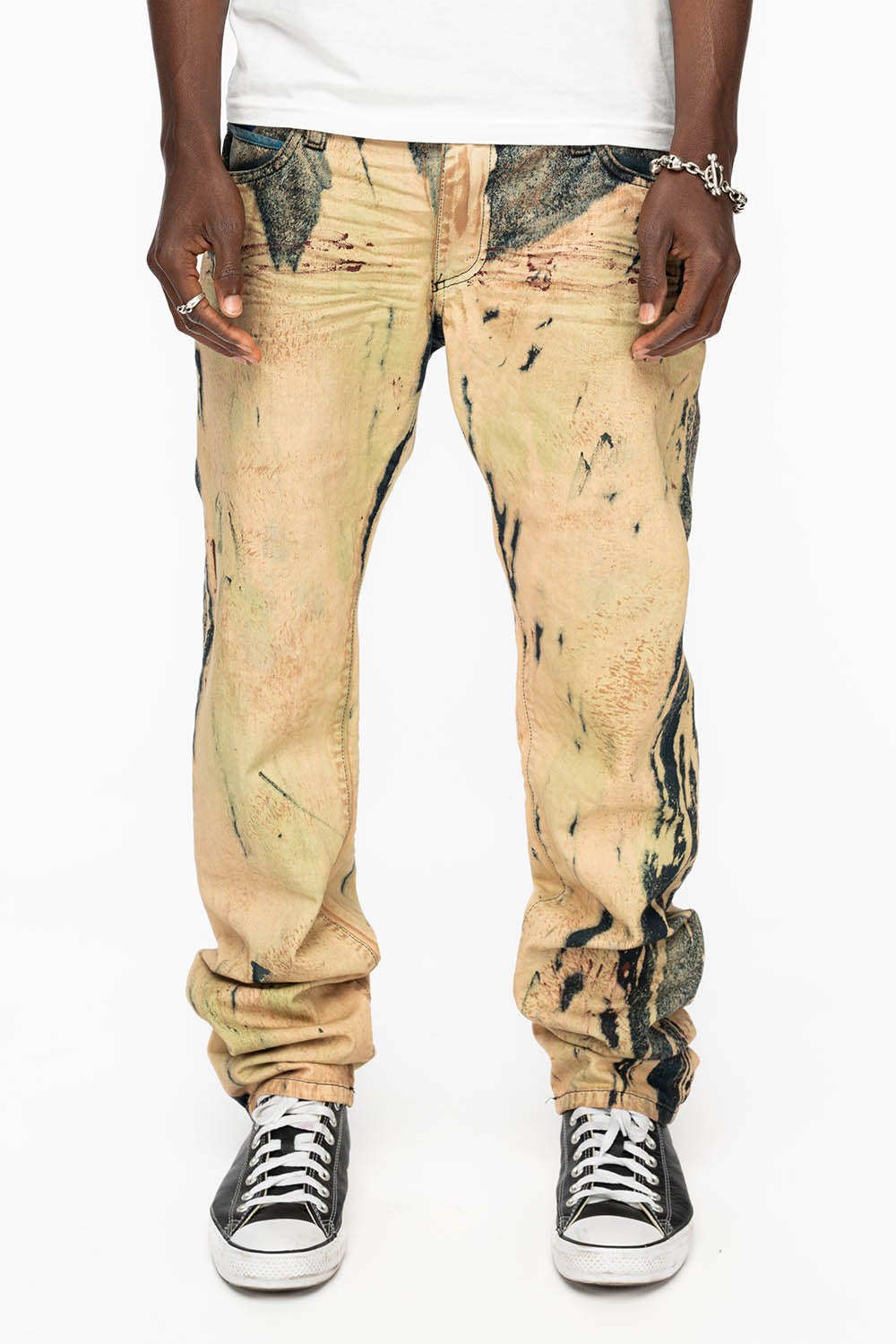 MENS FLAP POCKET SKINNY JEANS IN GRAFFITI WASH