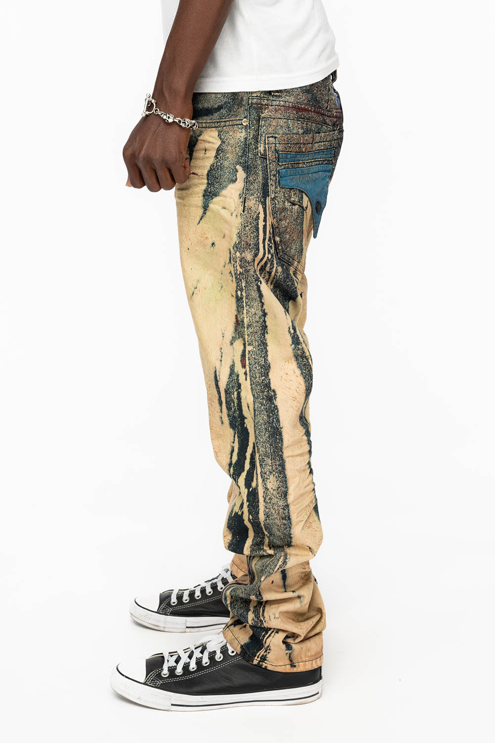 MENS FLAP POCKET SKINNY JEANS IN GRAFFITI WASH