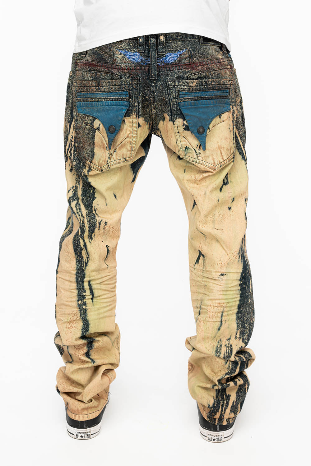 MENS FLAP POCKET SKINNY JEANS IN GRAFFITI WASH