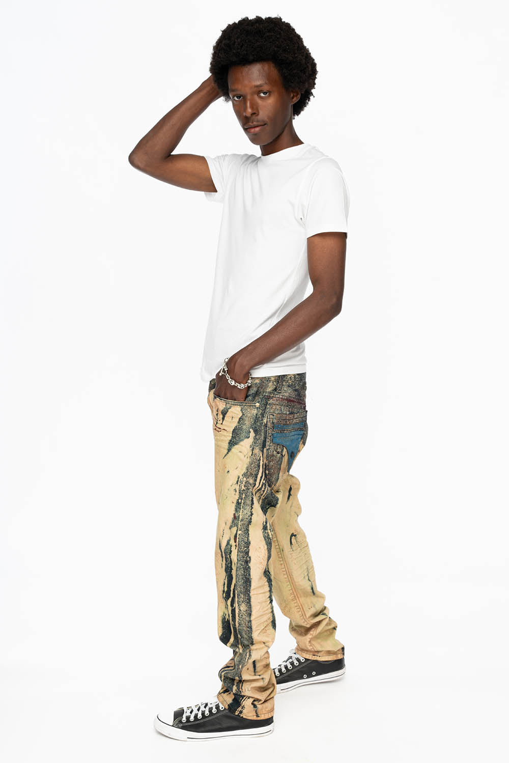 MENS FLAP POCKET SKINNY JEANS IN GRAFFITI WASH