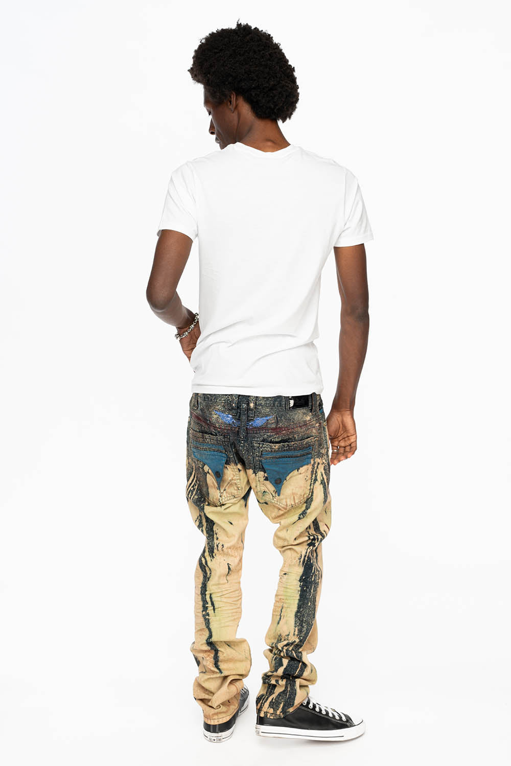 MENS FLAP POCKET SKINNY JEANS IN GRAFFITI WASH