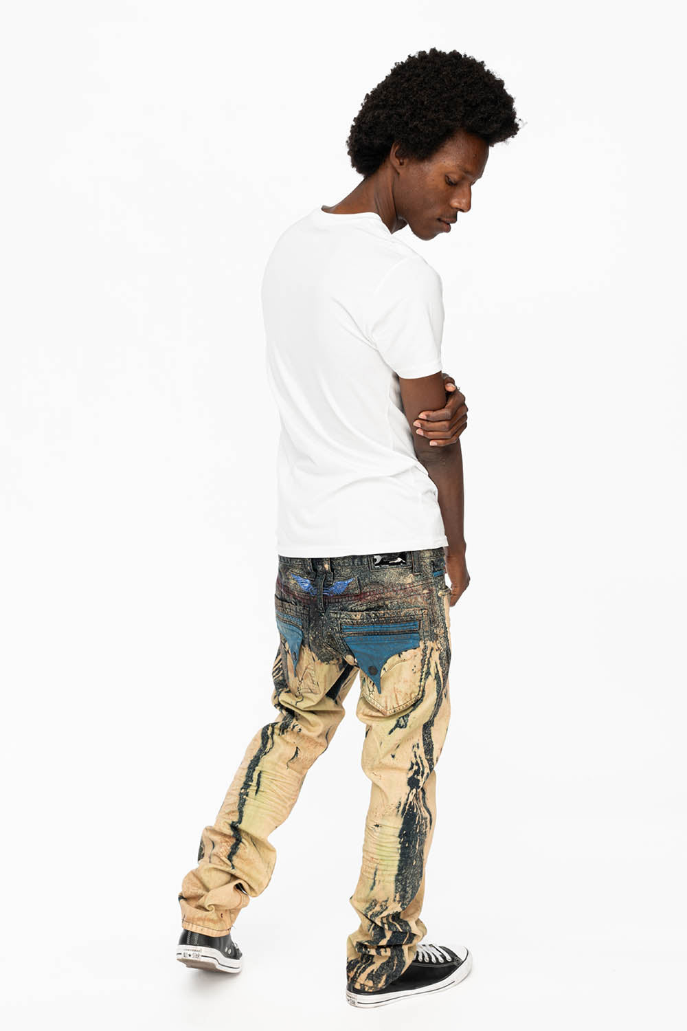 MENS FLAP POCKET SKINNY JEANS IN GRAFFITI WASH