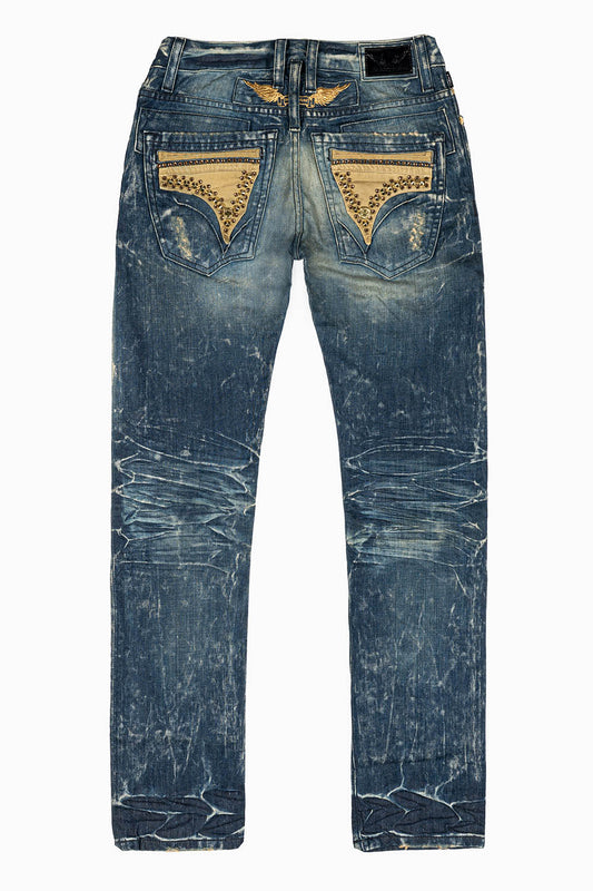MENS MINI FLAP POCKET SLIM JEANS IN BLUE 4D DARK BROKEN WASH WITH CRYSTALS AND STUDS