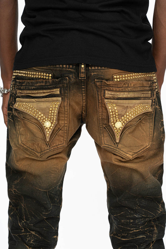 MENS LONG FLAP POCKET SKINNY JEANS IN INTENSE BROWN WASH WITH CRYSTALS