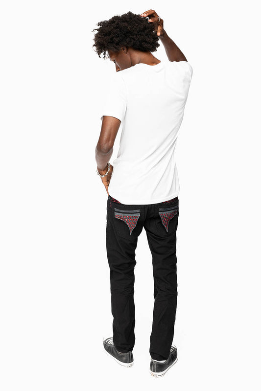 MENS LIMITED EDITION FLAP POCKET SLIM JEANS IN PURE BLK WASH WITH CRYSTALS