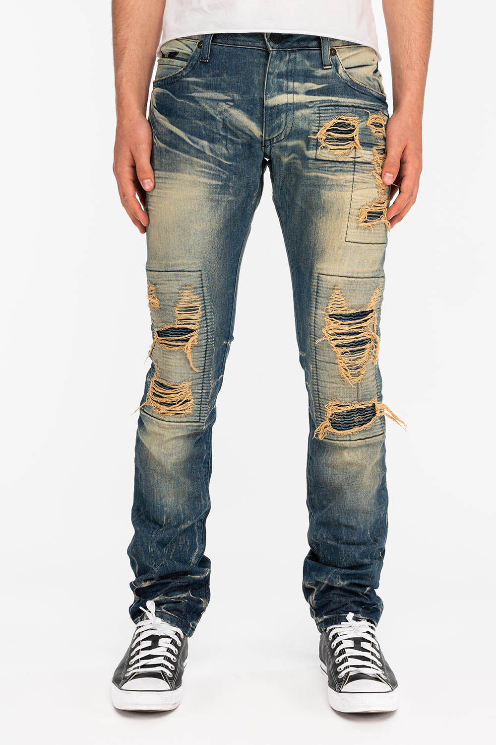 CROSSED OUT LONG FLAP MENS JEANS WITH CRYSTALS IN 4D DARK BROKEN