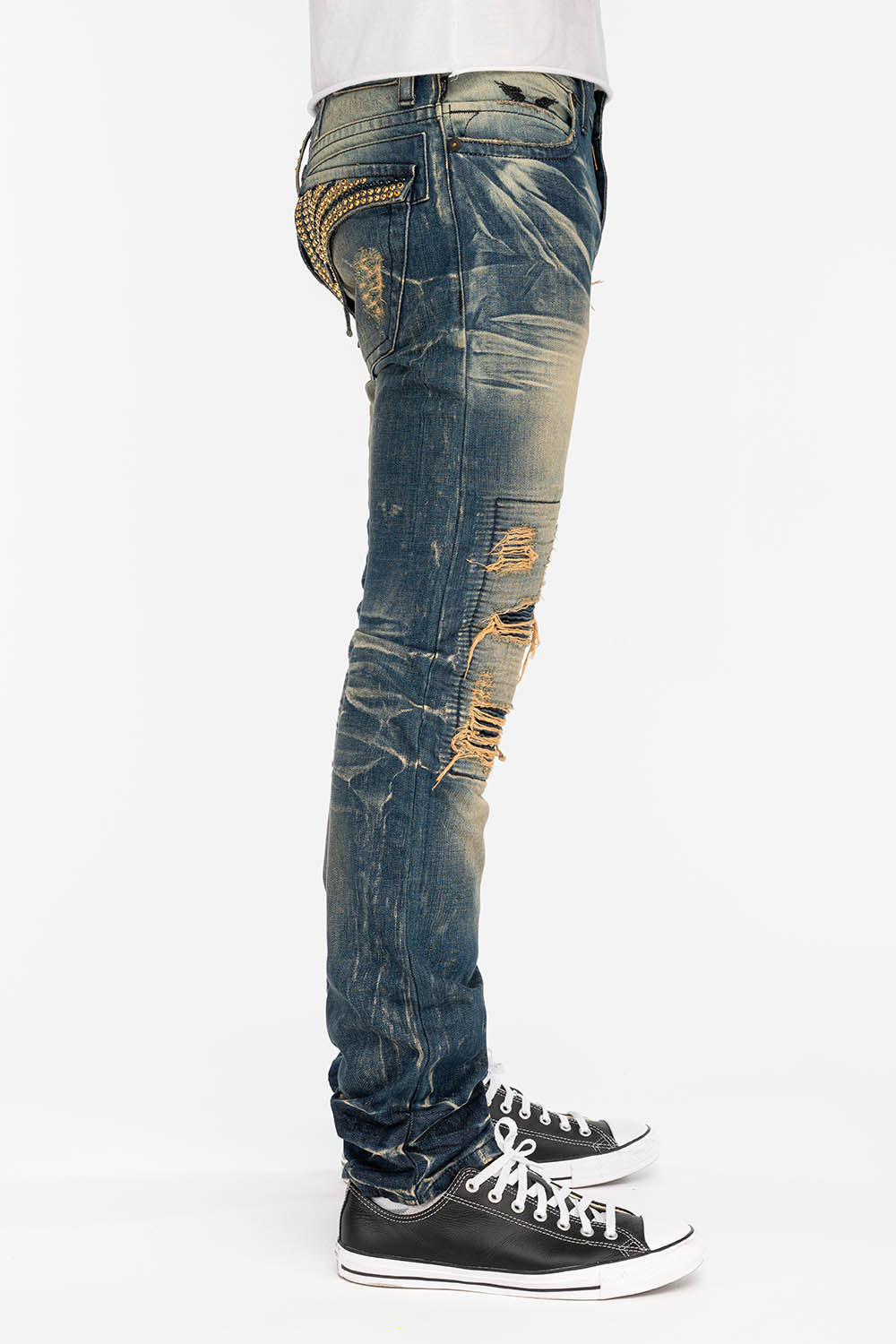 CROSSED OUT LONG FLAP MENS JEANS WITH CRYSTALS IN 4D DARK BROKEN