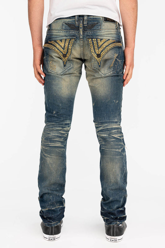 CROSSED OUT LONG FLAP MENS JEANS WITH CRYSTALS IN 4D DARK BROKEN