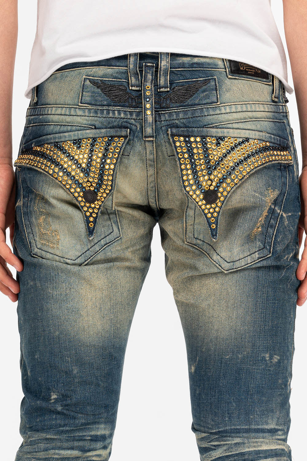 CROSSED OUT LONG FLAP MENS JEANS WITH CRYSTALS IN 4D DARK BROKEN