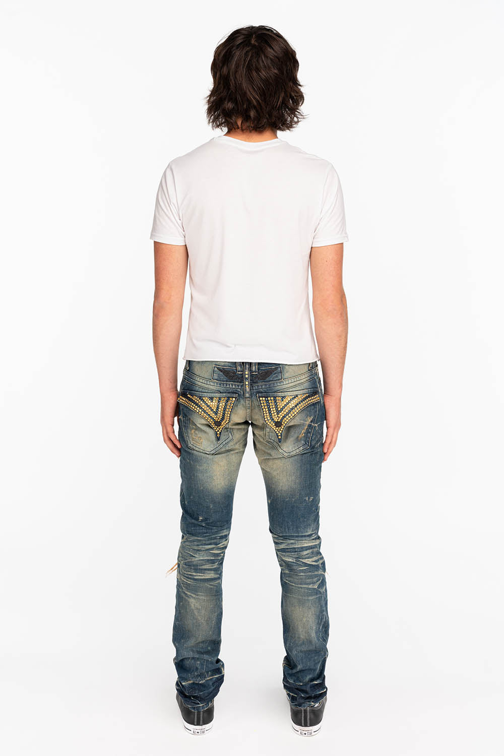 CROSSED OUT LONG FLAP MENS JEANS WITH CRYSTALS IN 4D DARK BROKEN