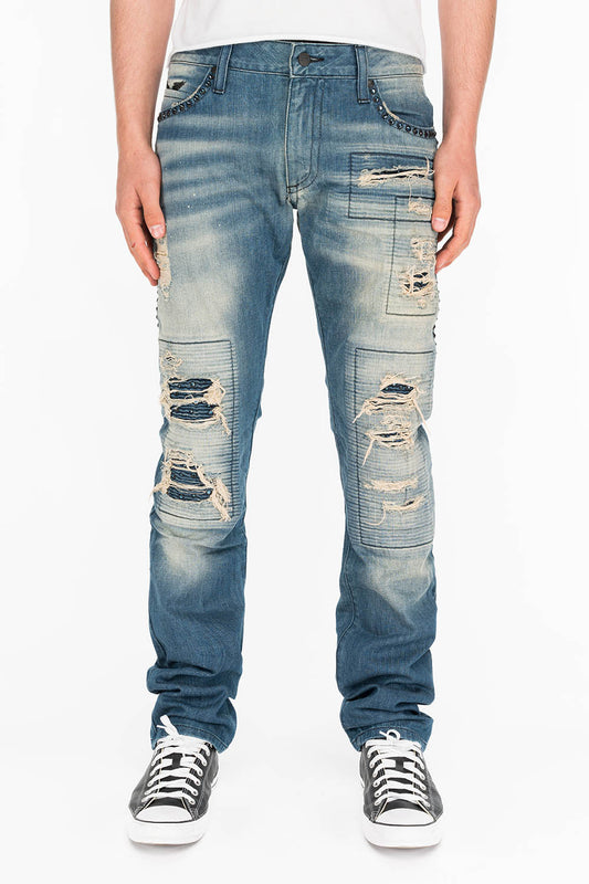 CROSSED OUT LONG FLAP MENS JEANS IN 3D MEDIUM BROKEN WITH CRYSTALS