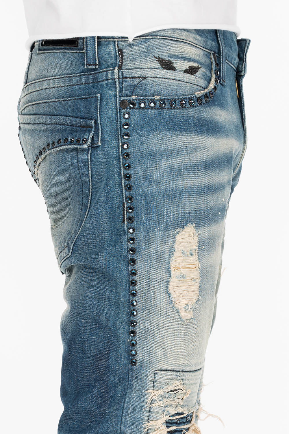 CROSSED OUT LONG FLAP MENS JEANS IN 3D MEDIUM BROKEN WITH CRYSTALS