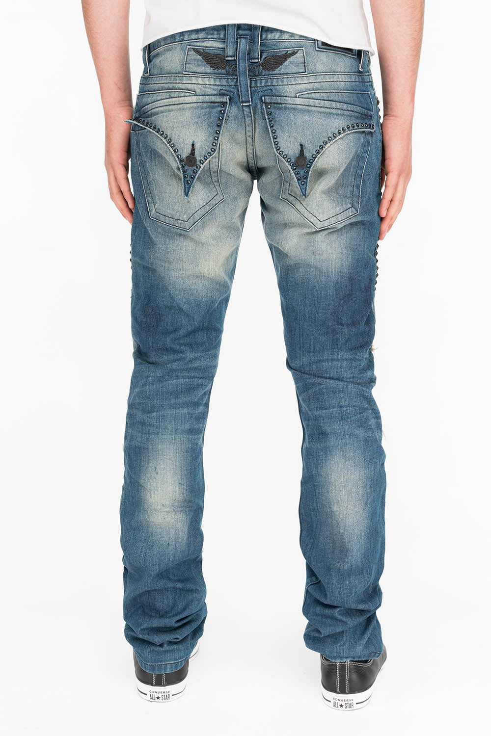 CROSSED OUT LONG FLAP MENS JEANS IN 3D MEDIUM BROKEN WITH CRYSTALS