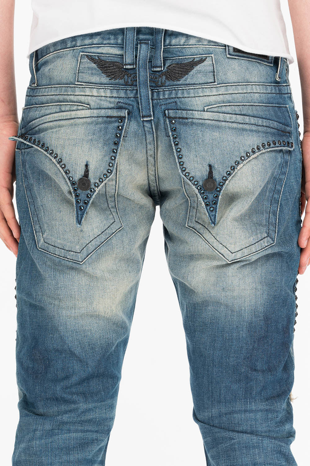 CROSSED OUT LONG FLAP MENS JEANS IN 3D MEDIUM BROKEN WITH CRYSTALS