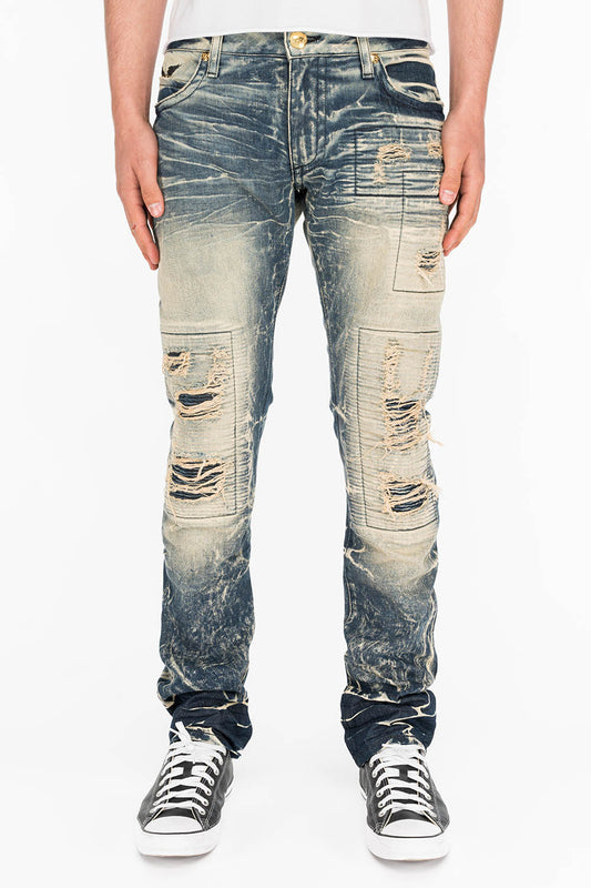 CROSSED OUT LONG FLAP MENS JEANS IN 4D DARK BROKEN WITH CRYSTALS