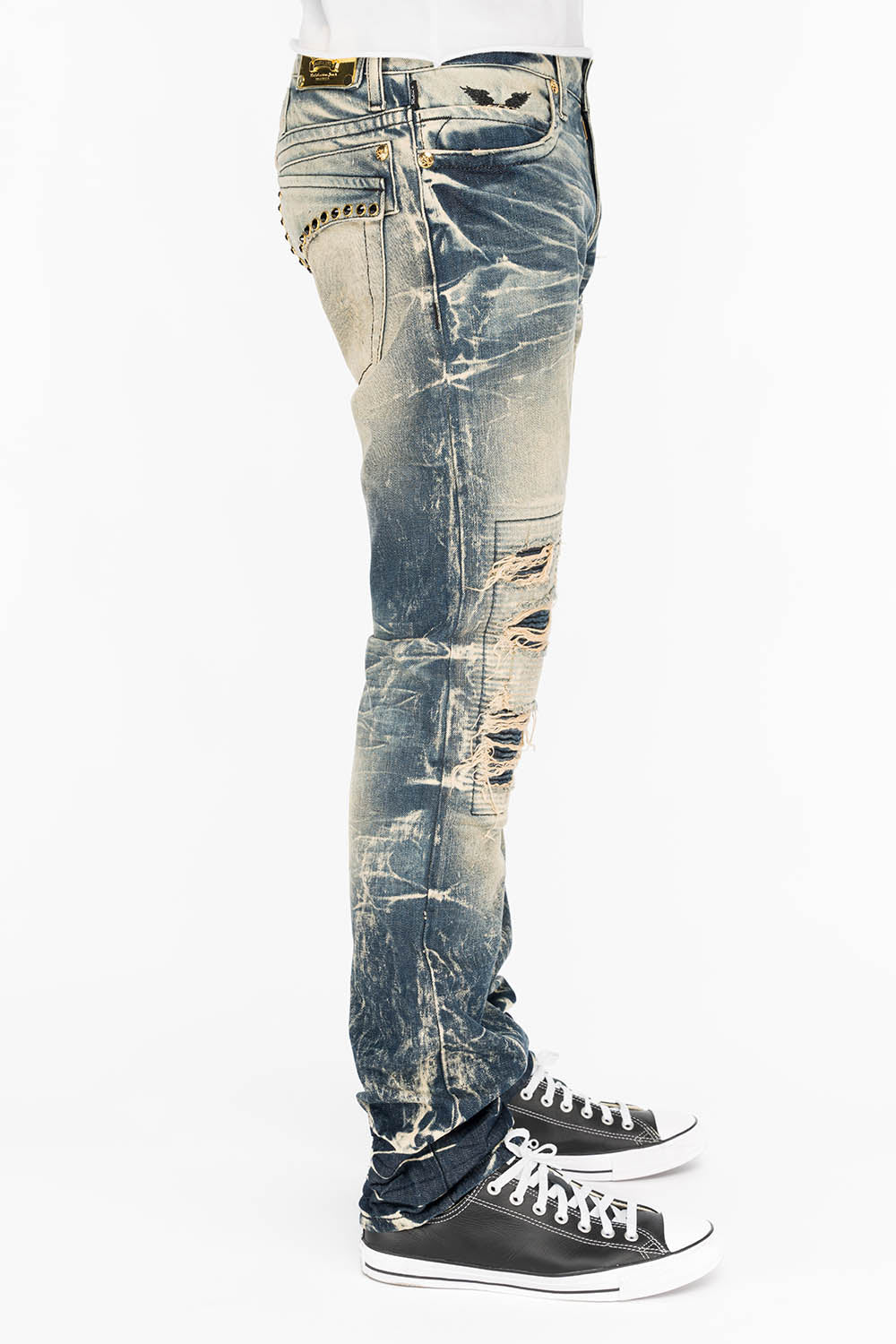 CROSSED OUT LONG FLAP MENS JEANS IN 4D DARK BROKEN WITH CRYSTALS