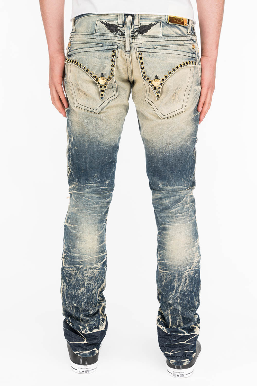CROSSED OUT LONG FLAP MENS JEANS IN 4D DARK BROKEN WITH CRYSTALS ...