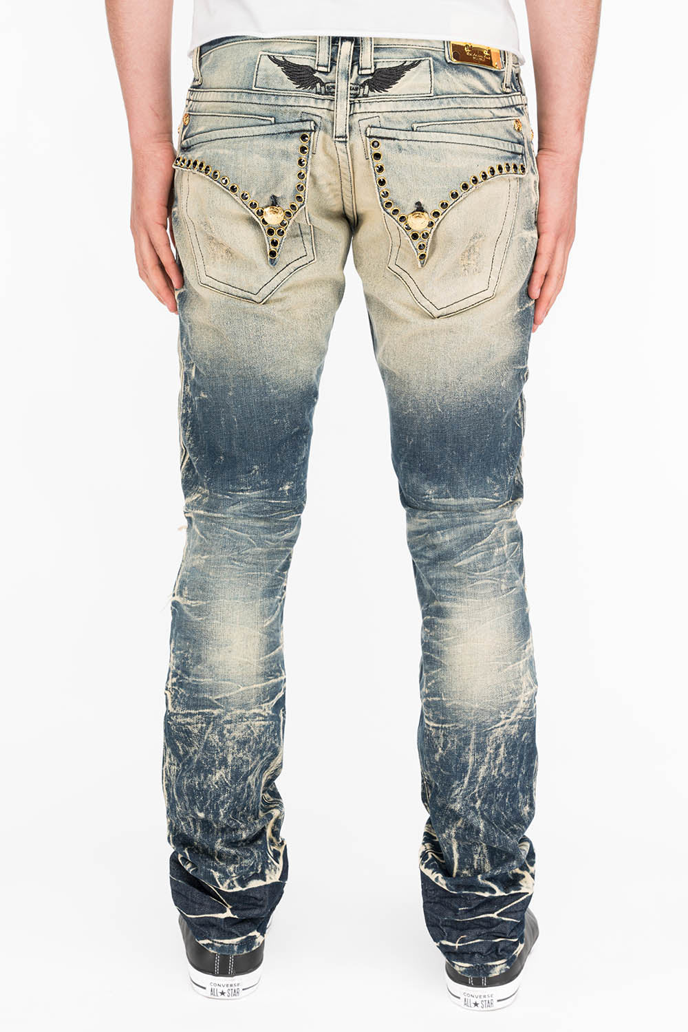 CROSSED OUT LONG FLAP MENS JEANS IN 4D DARK BROKEN WITH CRYSTALS