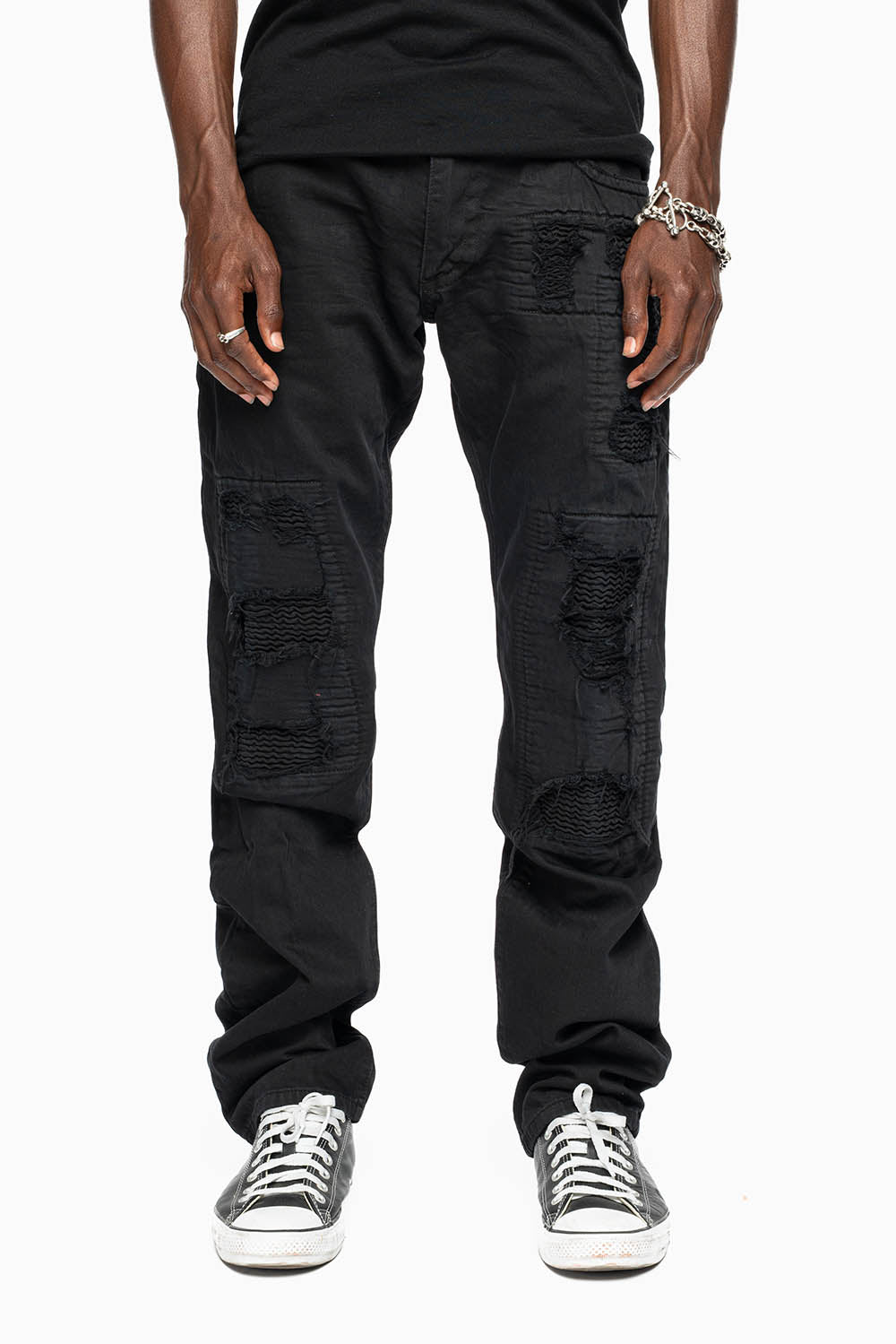 CROSSED OUT LONG FLAP MENS JEANS WITH CRYSTALS IN PURE BLK BROKEN