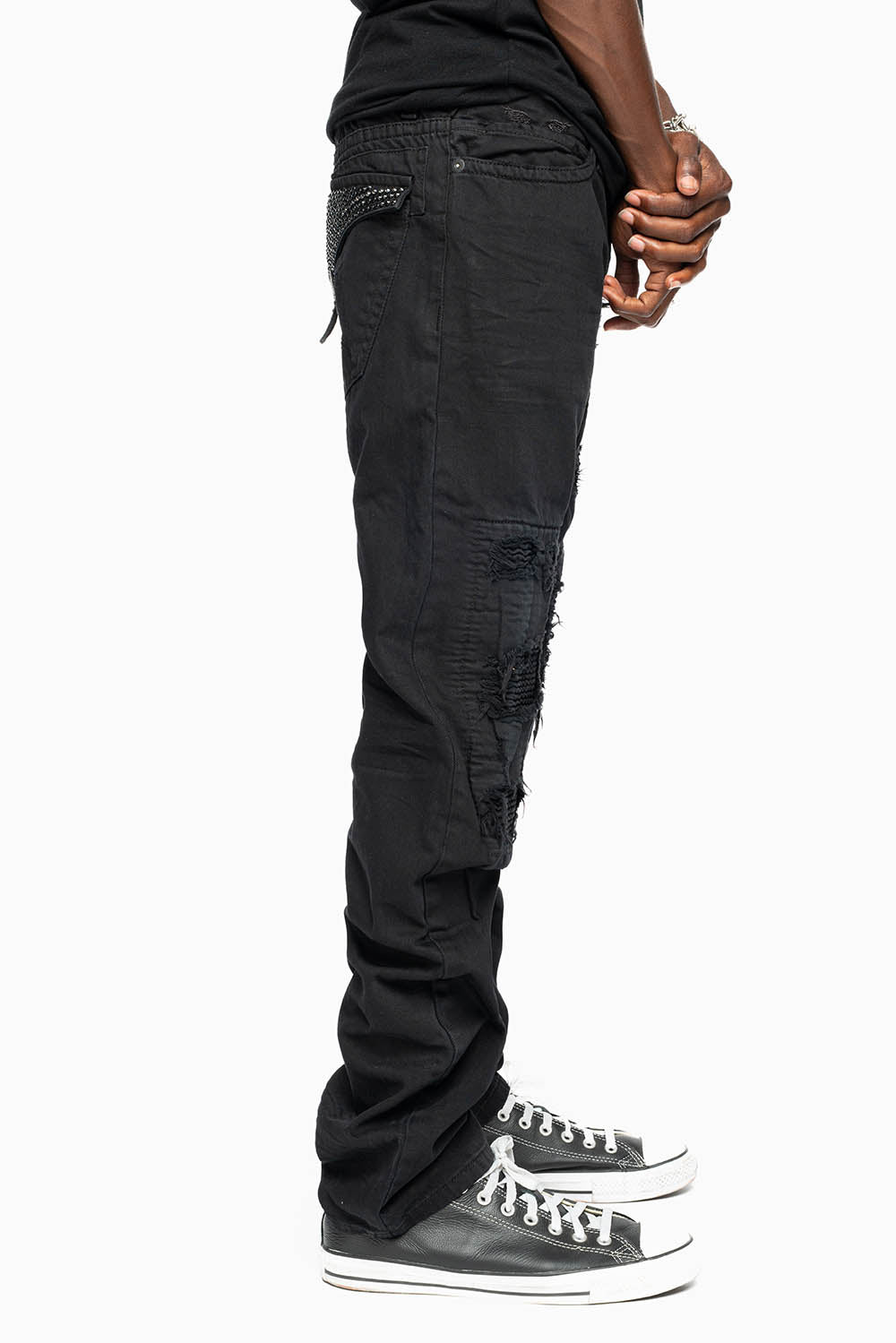 CROSSED OUT LONG FLAP MENS JEANS WITH CRYSTALS IN PURE BLK BROKEN