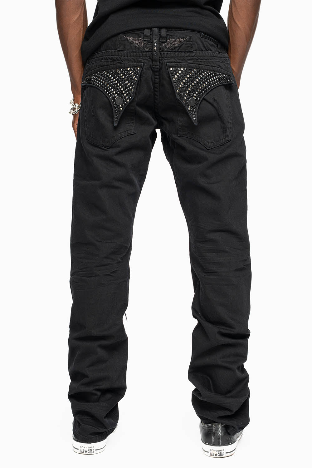 CROSSED OUT LONG FLAP MENS JEANS WITH CRYSTALS IN PURE BLK BROKEN