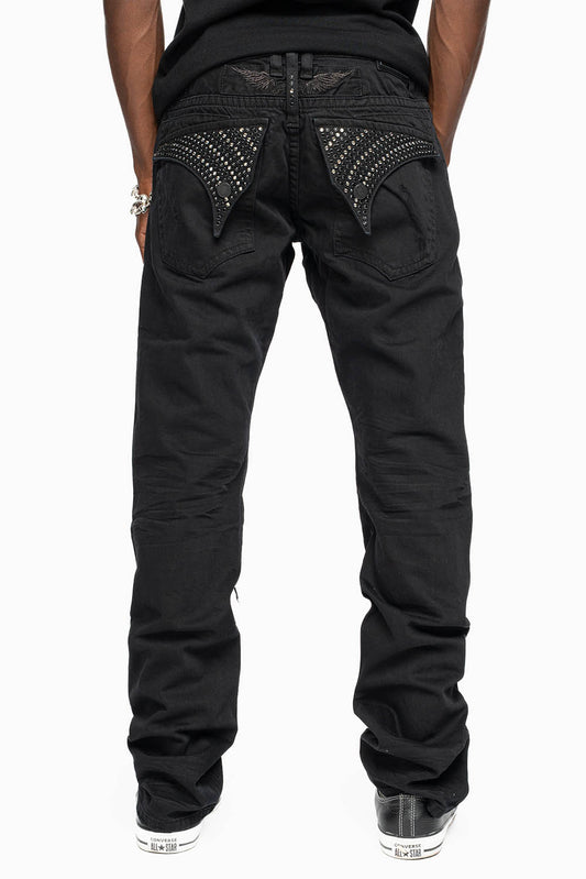 CROSSED OUT LONG FLAP MENS JEANS WITH CRYSTALS IN PURE BLK BROKEN