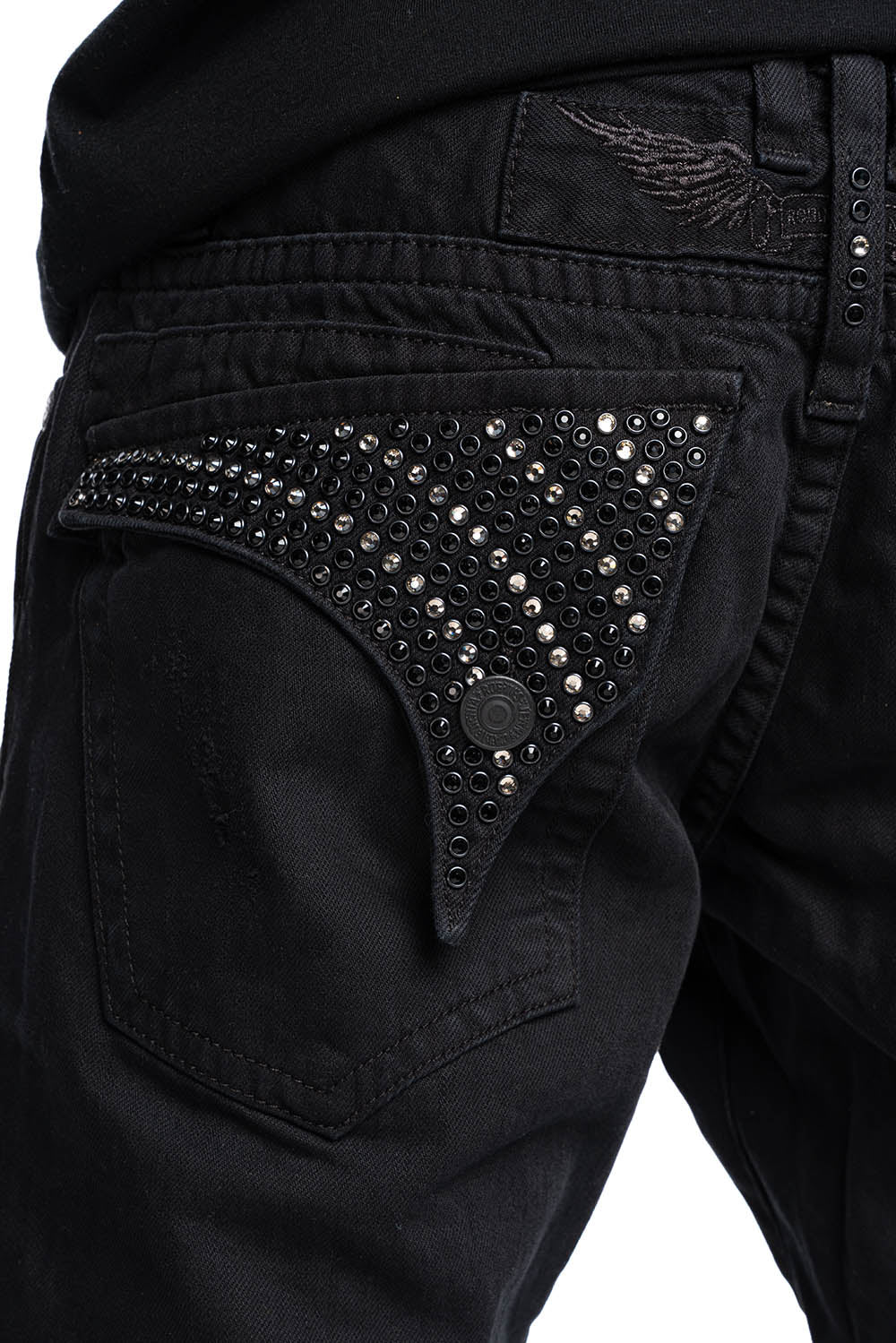 CROSSED OUT LONG FLAP MENS JEANS WITH CRYSTALS IN PURE BLK BROKEN