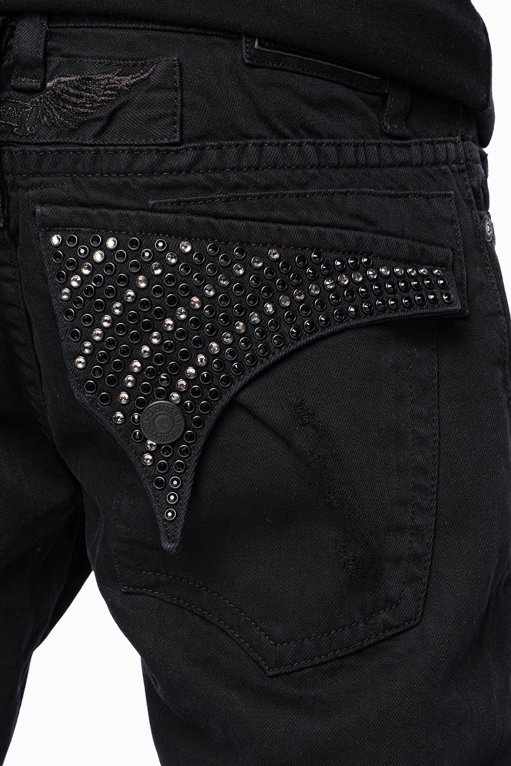 CROSSED OUT LONG FLAP MENS JEANS WITH CRYSTALS IN PURE BLK BROKEN