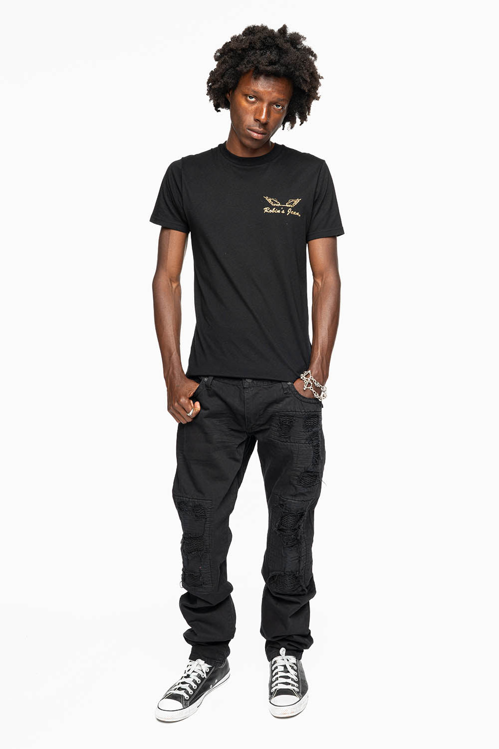 CROSSED OUT LONG FLAP MENS JEANS WITH CRYSTALS IN PURE BLK BROKEN