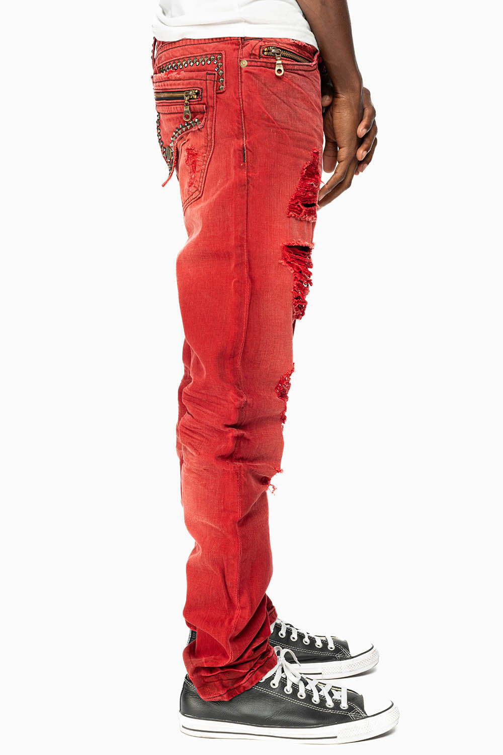 MINI FLAP MENS SLIM JEANS IN F-UP RED BROKEN WASH WITH CRYSTALS AND SPIKE