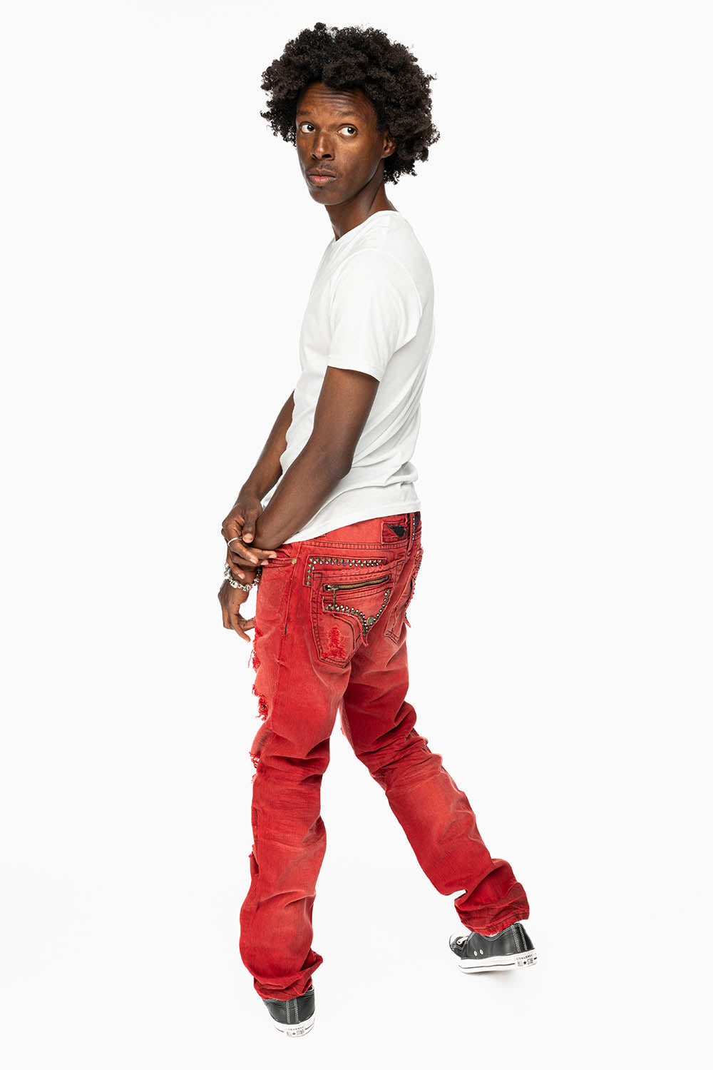 MINI FLAP MENS SLIM JEANS IN F-UP RED BROKEN WASH WITH CRYSTALS AND SPIKE