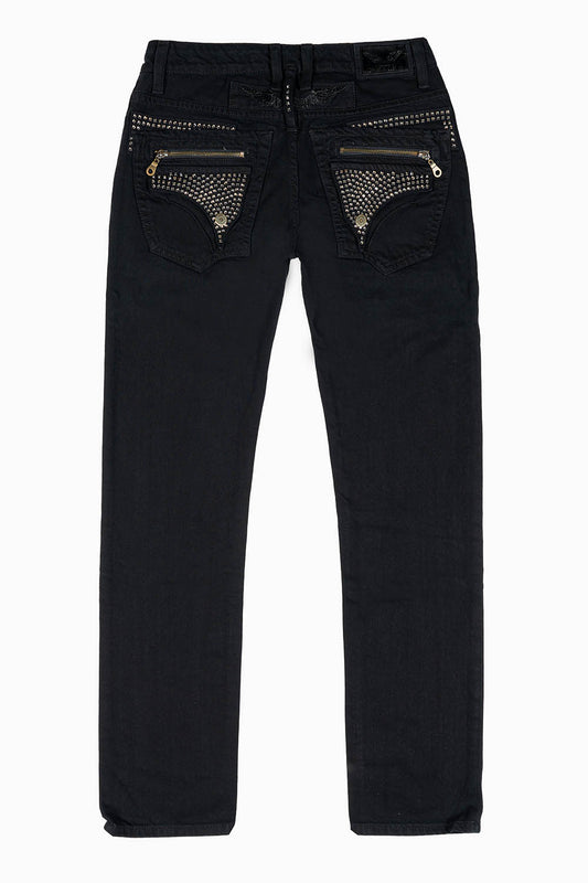 MINI FLAP MENS SLIM JEANS IN PURE BLK WASH WITH CRYSTALS