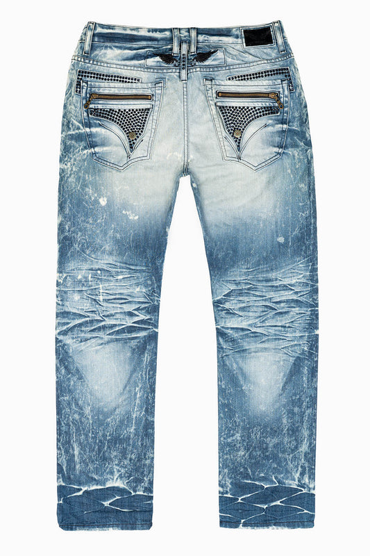 MINI FLAP MENS SLIM JEANS IN BLUE 5D MEDIUM BROKEN WASH WITH CRYSTALS
