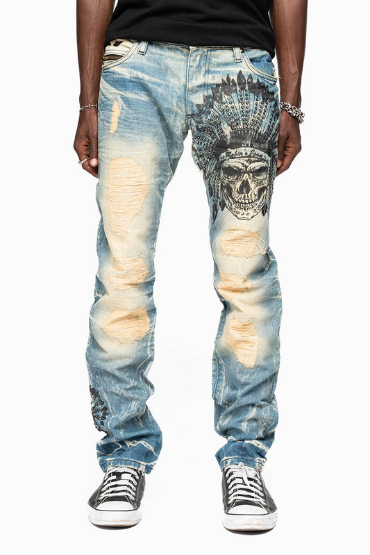 MINI FLAP MENS SLIM JEANS IN 5D MEDIUM BROKEN EMBELLISHED WITH PRINTED INDIAN HEAD CHIEF & CRYSTALS