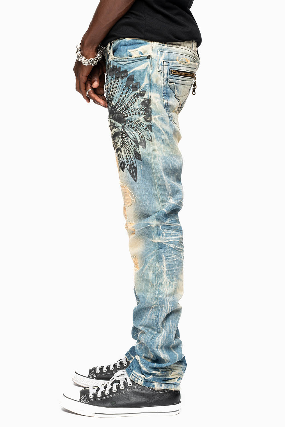 MINI FLAP MENS SLIM JEANS IN 5D MEDIUM BROKEN EMBELLISHED WITH PRINTED INDIAN HEAD CHIEF & CRYSTALS