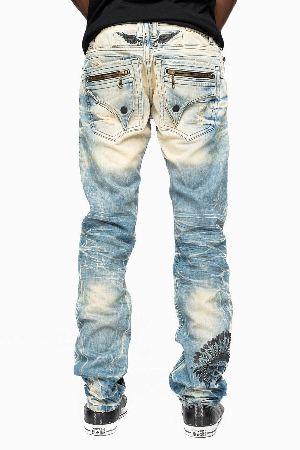 MINI FLAP MENS SLIM JEANS IN 5D MEDIUM BROKEN EMBELLISHED WITH PRINTED INDIAN HEAD CHIEF & CRYSTALS