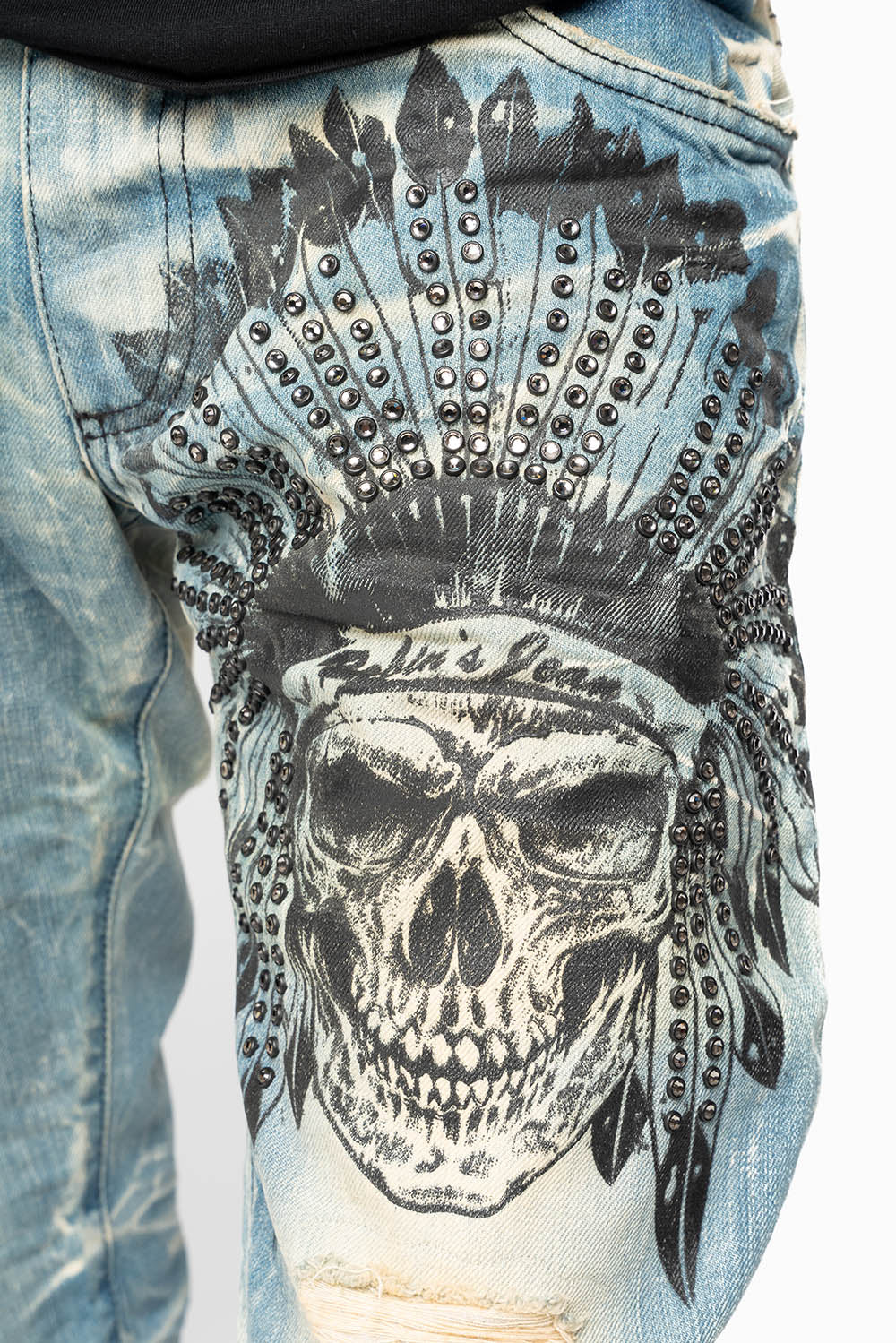 MINI FLAP MENS SLIM JEANS IN 5D MEDIUM BROKEN EMBELLISHED WITH PRINTED INDIAN HEAD CHIEF & CRYSTALS