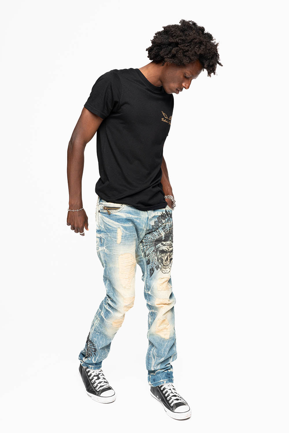 MINI FLAP MENS SLIM JEANS IN 5D MEDIUM BROKEN EMBELLISHED WITH PRINTED INDIAN HEAD CHIEF & CRYSTALS