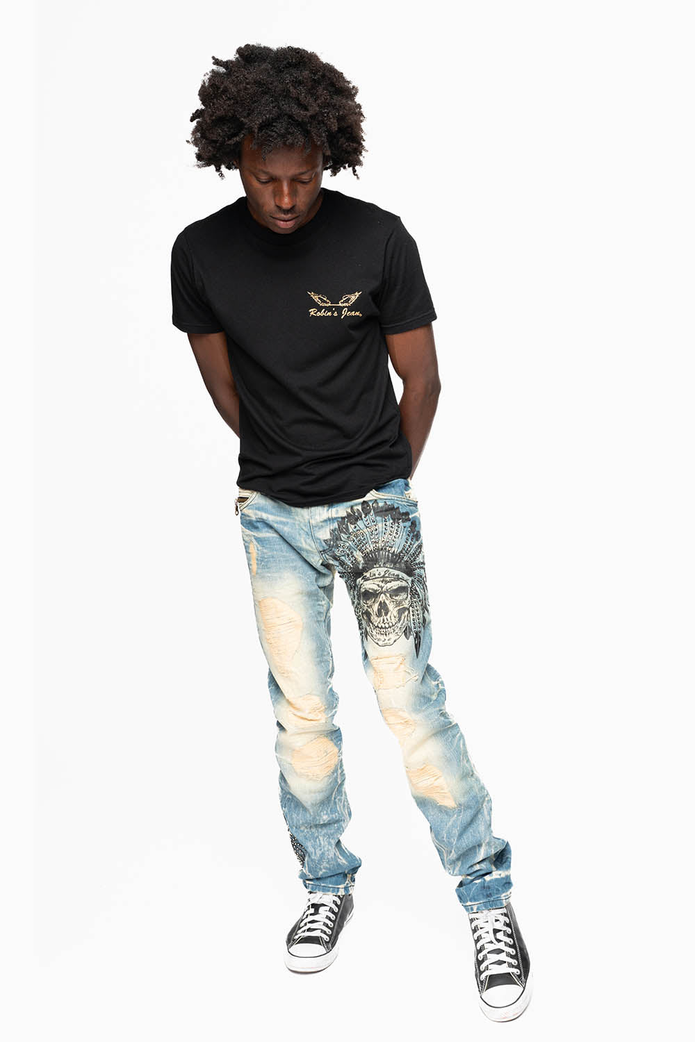 MINI FLAP MENS SLIM JEANS IN 5D MEDIUM BROKEN EMBELLISHED WITH PRINTED INDIAN HEAD CHIEF & CRYSTALS